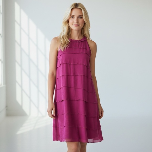 VINCE Pure Silk Magenta Ruffle Tiered Halter-like Cocktail Dress NWOT SZ 10 - Picture 2 of 7